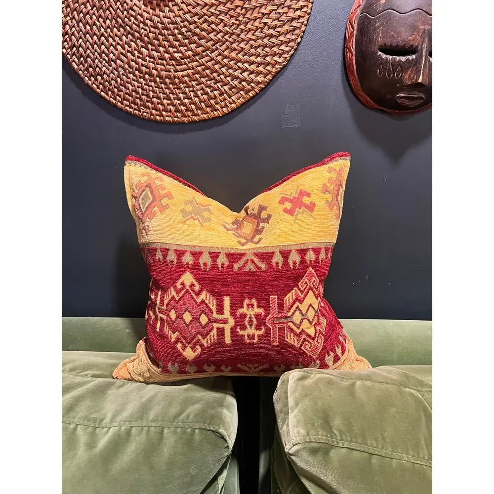 Vintage Kilim Style Woven Pillow Cover Burgundy Rust Boho 16x16